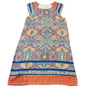 Everly Boho Shift Dress Small Red Blue Print Sleeveless Lined USA Made
